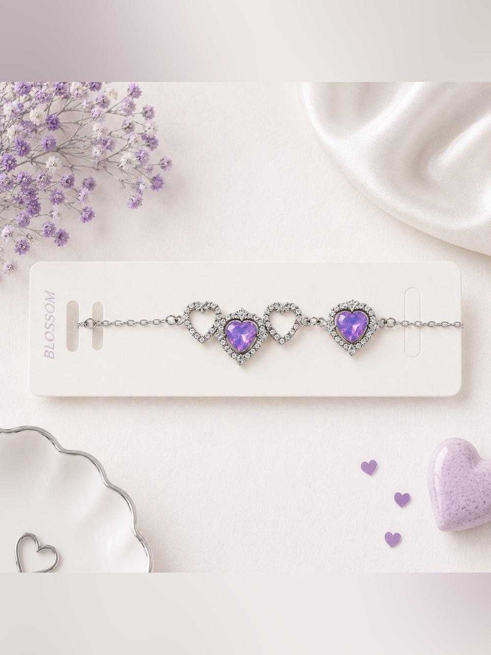 Silver Heart Bracelet with Purple Crystal Accents
